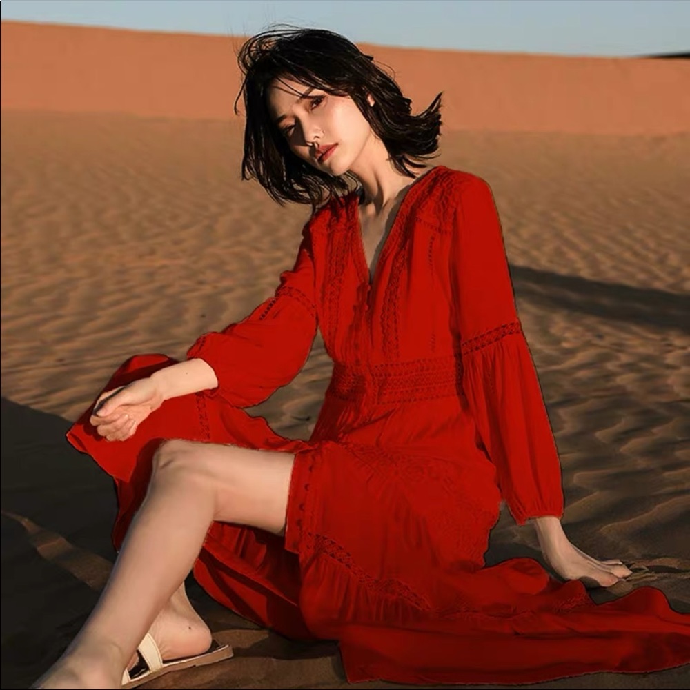 Hobo red maxi lace dress with puff sleeves